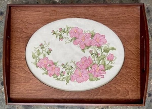 Vintage Needlepoint In Wooden Display Tray with Glass Pink Flowers 16 1/2 X12” - Picture 1 of 14