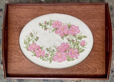 Vintage Needlepoint In Wooden Display Tray with Glass Pink Flowers 16 1/2 X12” - Image 1 of 4