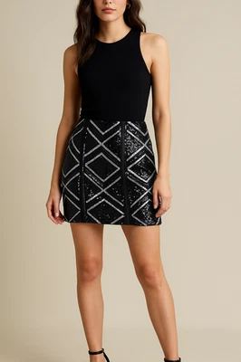 Minifalda Express Edición Limitada Talla M Negra Plateada Lentejuelas Geométrica Nueva con Etiquetas Foto 1 de 4