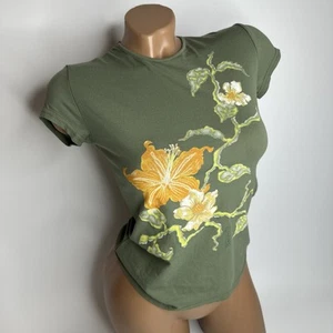 Morgan DeToi Olive Green Floral Baby Tee S Y2K Fitted Stretch Graphic Top France - Picture 1 of 10