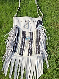 Echt Rindsleder Fransen Umhängetasche Vintage Perlen weiß Boho Handtasche - Bild 1 von 8