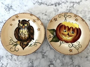 Dario Farrucci Designs Halloween Plates (2) Owl & Pumpkin Jack O Lantern 8 1/2” - Picture 1 of 9