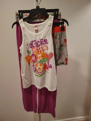SO Soccer Girls Rock The Goal 3 Piece Pajama Set Tank Top Pants Shorts 14 / 16 - Image 1 of 4