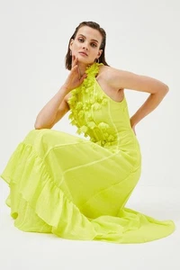 Karen Millen Dress 6 Citrine Yellow Linen-Blend Rosette Ruffled Halter Maxi - Picture 1 of 11