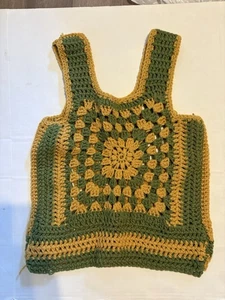 VIntage Crochet Granny Square Sweater Vest Boho Hippy 1970s Green Gold - Picture 1 of 2