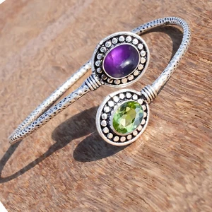 Amethyst & Peridot Cut Gemstone 925 Sterling Silver Cuff Bangle For Husband Gift - Picture 1 of 8