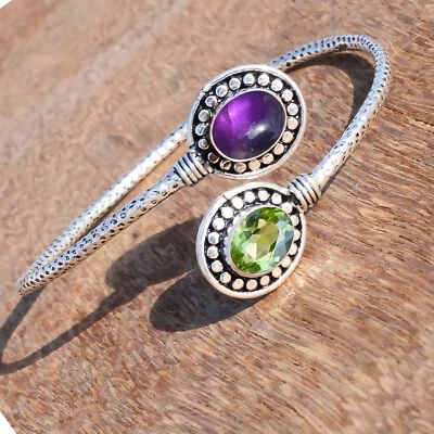 Amethyst & Peridot Cut Gemstone 925 Sterling Silver Cuff Bangle For Husband Gift - Image 1 of 4
