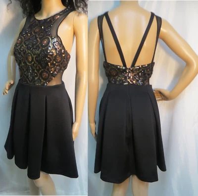 NUEVO SIN ETIQUETAS FAVIANA Negro Dorado Lentejuelas Corpiño Corte Princesa Cóctel Fiesta Baile de graduación Vestido Foto 1 de 4