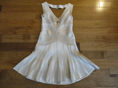 NWOT Herve Leger Metallic Gold & Tan Foil Fit & Flare Cut Out Lia Mini Dress M - Image 1 of 4