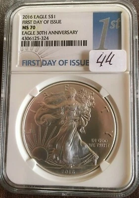 2016 W $1 SILVER EAGLE FIRST DAY OF ISSUIE MS70 30th ANNIVRSARY - Image 1 of 3