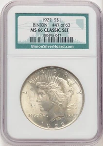 1922 NGC MS66 Classic Set Peace Silver Dollar Binion #47 of 63 180496-047 - Picture 1 of 2