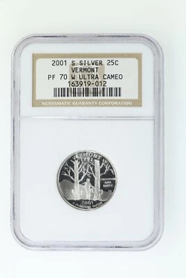 2001-S 25C Vermont Coin Silver Proof Quarter Dollar  PF70UCAM NGC - Image 1 of 2