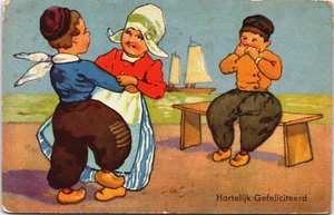 Feliz Cumpleaños Niños en Ropa Tradicional Bailando Vintage Postal B197 - Imagen 1 de 2