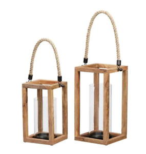 StyleWell Hanging or Tabletop Natural Wood Lantern Candle Holder (Set of 2)