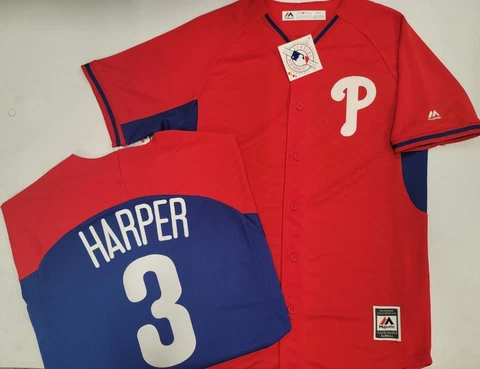 21023 MENS Majestic PHILADELPHIA PHILLIES SEWN Baseball JERSEY Red/Royal NEW Cover