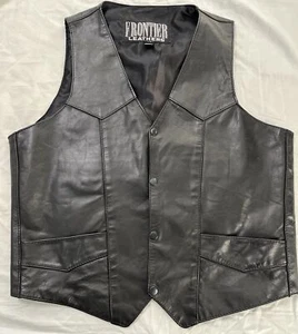 VTG Frontier Leather Men's Black Leather Biker  Vest Size 44 - Picture 1 of 8