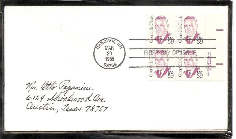 US SC # 1867 Grenville Clark FDC . BLK4,  No Cachet.  - Image 1 of 1