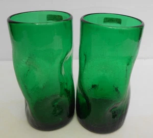 BLENKO Pilgrim Crackle Dimple Pinch Forest Green Hand Blown 6" Tumblers 2 - Picture 1 of 3