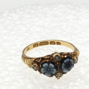 Antique 625 15ct Gold Forget Me Not Seed Pearl Gold Ring - Size N (LP146J) - Picture 1 of 8