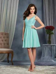 ALFRED ANGELO 7377 $159 AQUA MINT CHIFFON LACE 10 BRIDESMAID PROM GRAD DRESS - Picture 1 of 4