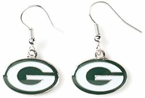 Green Bay Packers NFL Logo Silver Dangler Earrings Hypo-Allergenic