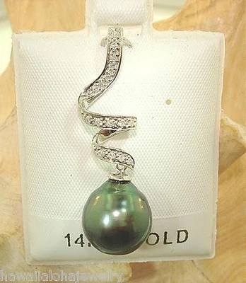 Colgante de oro blanco de 14 k con diamantes de 0,12 quilates de perlas negras de Tahití de 11,9 mm 11,86 quilates #7 W Foto 1 de 4