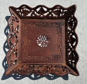 Vintage Indien handgeschnitzt Deko Serviertablett Holz Intarsien signiert - Bild 1 von 14