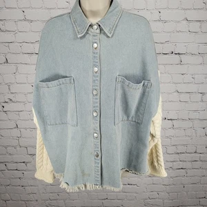 POL Blue Denim Ivory Sweater Long Sleeves Oversized Boxy Buttoned Jacket Small S - Picture 1 of 18