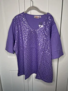Quacker Factory Medium lila Pailletten V-Ausschnitt Bluse Damen Übergröße 2X neu mit Etikett - Bild 1 von 7