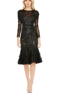 MAC DUGGAL 67703 FLORAL APPLIQUE LONG SLEEVE BLACK MIDI DRESS 14 - Picture 1 of 7