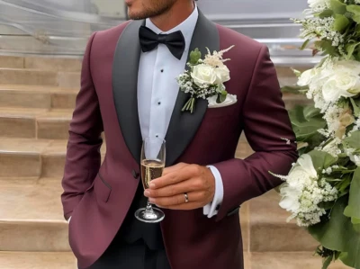 lim Fit Maroon Shawl Lapel Blazer & Pants Set – Elegant Wedding/Formal Wear - Image 1 of 4