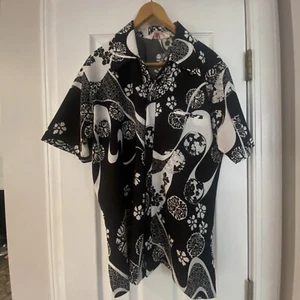 VINTAGE SEARS HAWAII 1970s Hawaiian Aloha Black & White Shirt - Size M - Picture 1 of 5