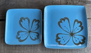 Pier 1 HIBISCUS Dinner & Salad Square Plate Set Teal Blue Brown Floral Tropical - Picture 1 of 9