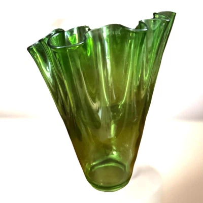 BEAUTIFUL 12in Translucent Green Glass Vase Waved Assymetrical Edges NEVER USED - Image 1 of 4