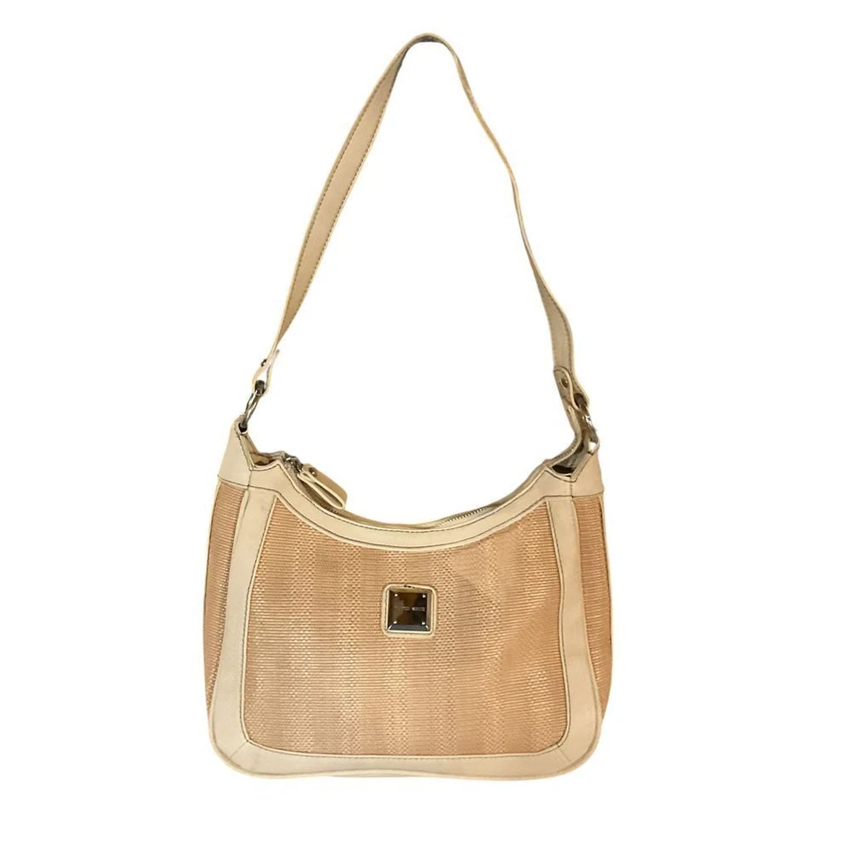 Bolsa de ombro Franco Sarto bege texturizada hobo com zíper frontal bolso logotipo de metal - Imagem 1 de 4