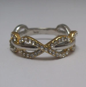 Pretty Silver Plated Band wi Gold Tone & Crystal Waves Ring: UK: Approx. Size N - Picture 1 of 10