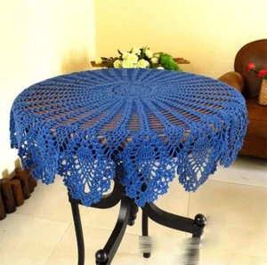 36" Blue Vintage Hand Crochet Lace Tablecloth Round Table Topper Flower Doily - Picture 1 of 4