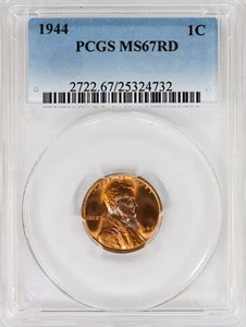 1944 P Small Cents Lincoln, Wheat Ears Reverse PCGS MS-67 RD - Picture 1 of 4