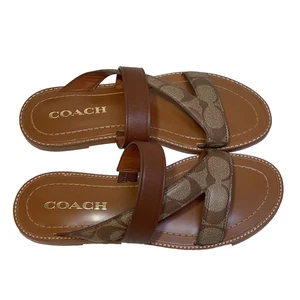 Coach Harlan Sandal Women’s 6B CA363 Khaki Saddle Brown Slip Slide On New - Picture 1 of 10