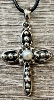 Sterling Silver Cross Pendant Pearl Center Stone 6.24 Grams Black Cord Lobster - Image 1 of 4