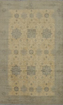 Handmade Beige Oushak Style Area Rug 5x8 Ft Transitional Bedroom Silk Carpet - Image 1 of 4