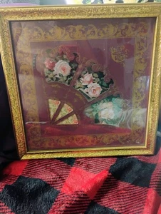 PINK ROSES, Victorian Fan, Wall Hanging, Vintage Home decor, Gold Blush Pink - Picture 1 of 3
