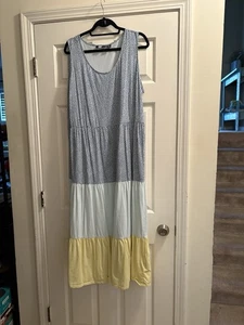Maxi Vestido Lands End Talla Grande Verano Azul Amarillo Sin Mangas Elástico 3XL 24/26 - Imagen 1 de 5