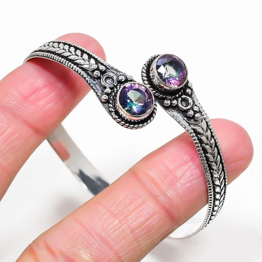 Mystic Topaz Gemstone Handmade 925 Sterling Silver Jewelry Bangle Sz 7-8 - Image 1 of 1