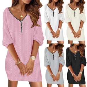 Frauen Pullover ^` Mini Kleid V-Ausschnitt Gestrickte Casual Langarm Pullover 〒 - Picture 1 of 16