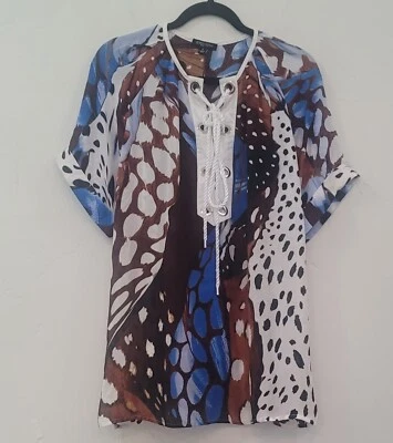 Short Sleeve Silk Blouse Etcetera Animal Print Lace Up Sz.2 Foto 1 de 4