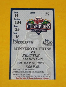 Minnesota Twins Ticket Stub | May 30 2003 | Ichiro Suzuki Edgar Martinez Hit - Picture 1 of 2