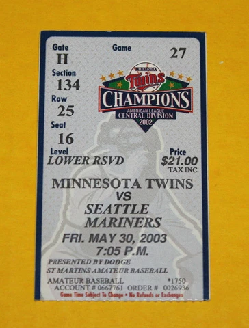 Minnesota Twins Ticket Stub | May 30 2003 | Ichiro Suzuki Edgar Martinez Hit Cover