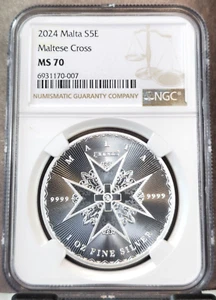 2024 MALTA SILVER 5 EURO MALTESE CROSS NGC MS 70 RARE PERFECTION - Picture 1 of 3