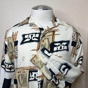 Vintage Disco Mens Small Silk Blend Absract Print Shirt Button Up Long Sleeve - Picture 1 of 13